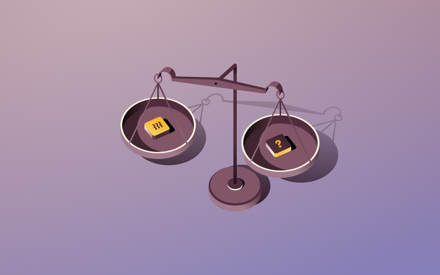 Balance scale with two trays holding small labeled blocks on a soft purple gradient background