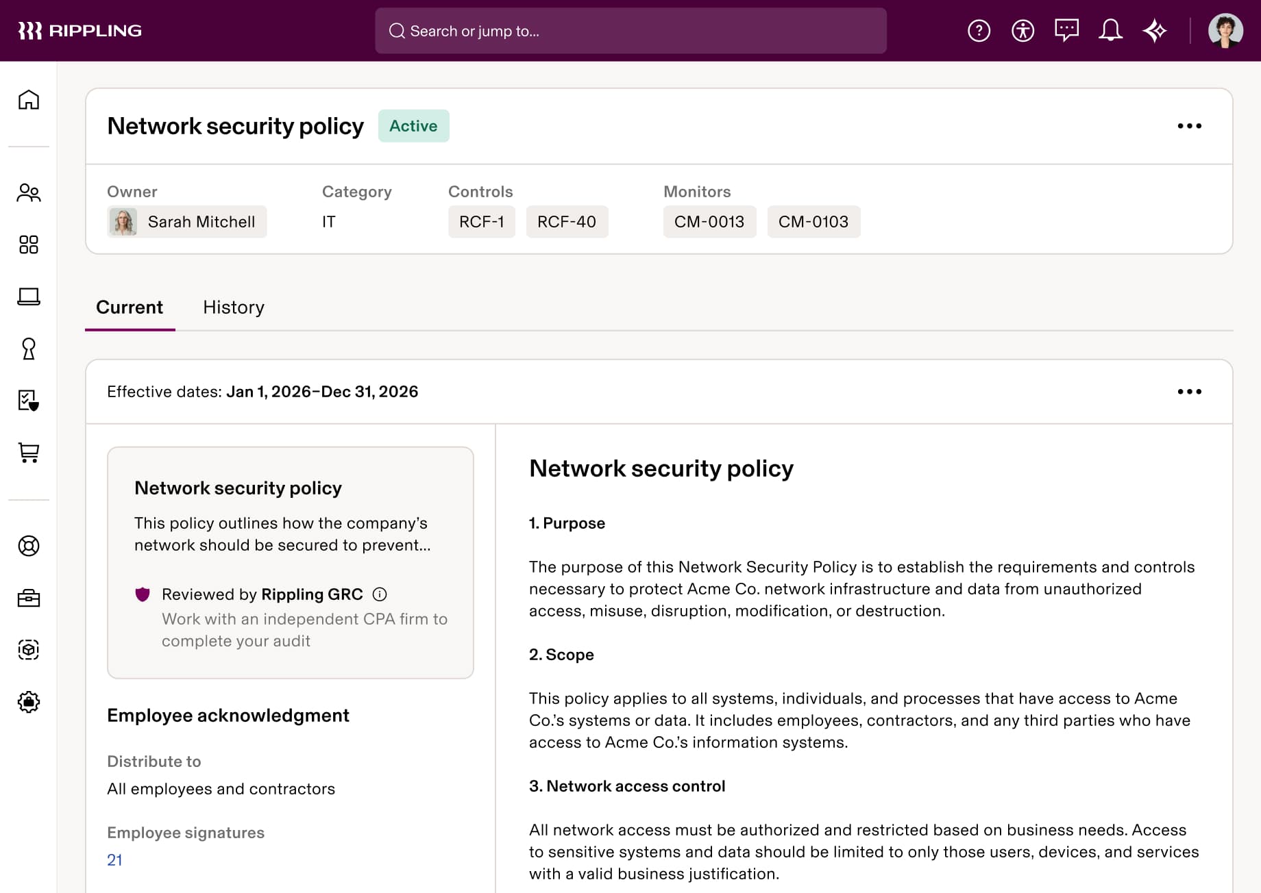 Rippling interface showing active network security policy details with controls, monitors, and policy sections for Acme Co.
