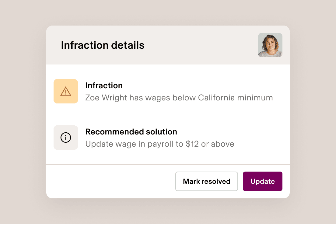 Payroll infraction screen showing wage violation alert with recommended solution to update pay to California minimum of $12.
