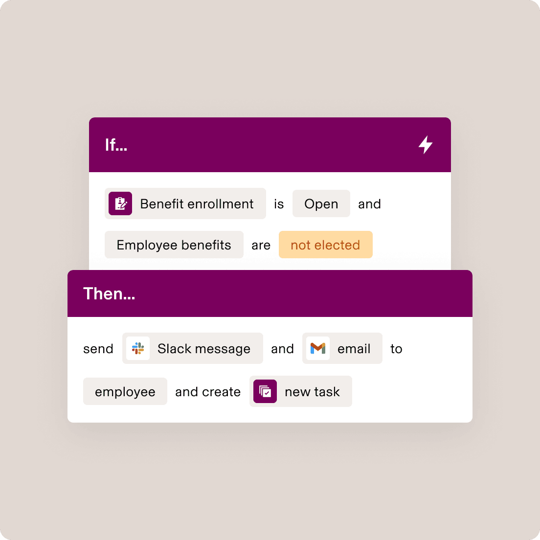 Workflow automation interface showing benefits enrollment condition and actions to send messages and create tasks in Rippling.