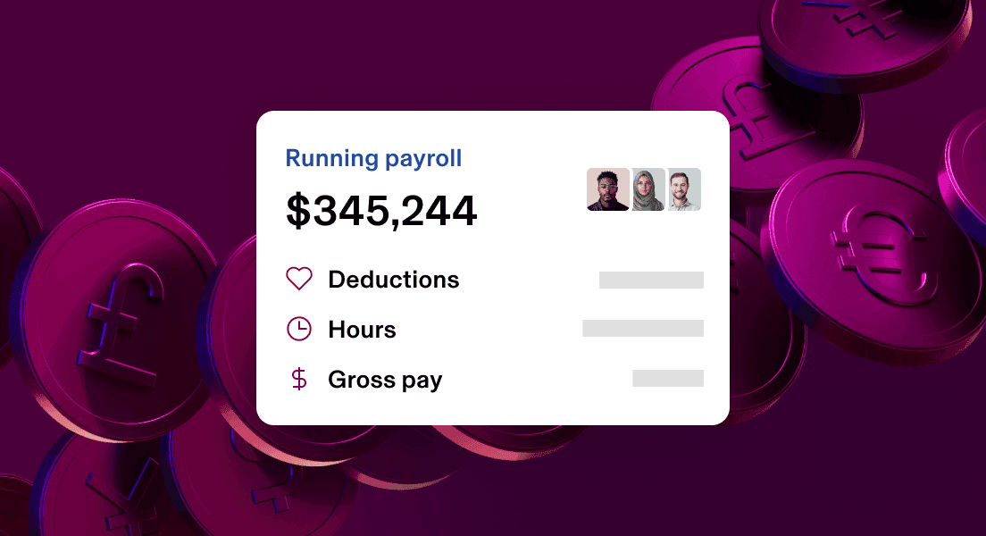 Payroll dashboard showing $345,244 running total with deductions, hours, and gross pay options against a dark purple background.