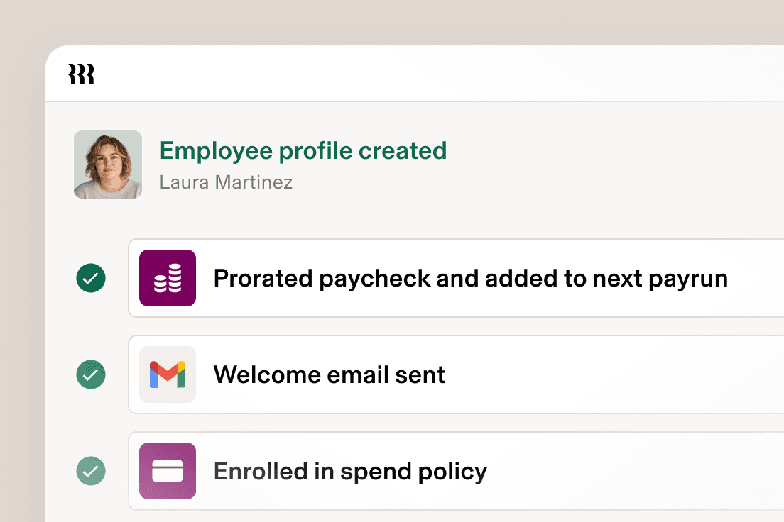 Employee onboarding interface showing completed profile creation, paycheck setup, welcome email, and spend policy enrollment.