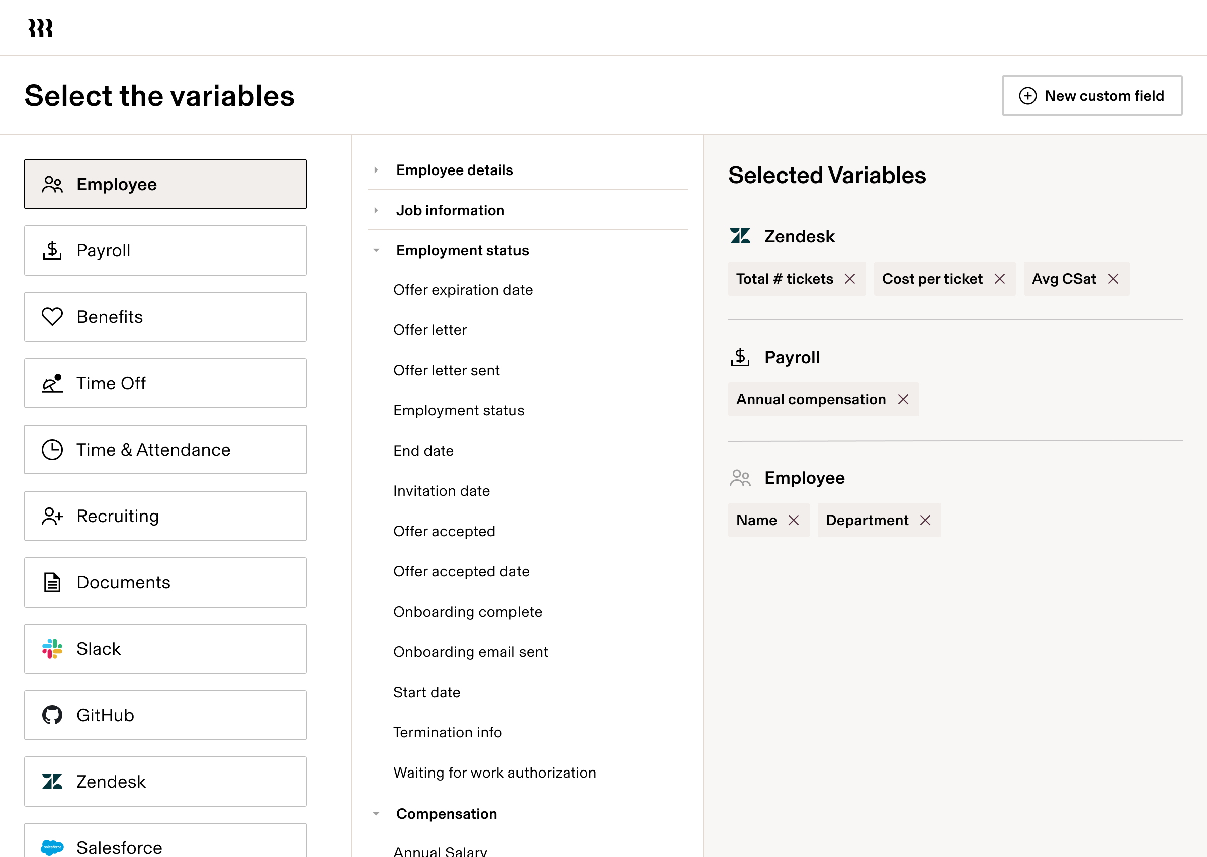 HR software interface showing variable selection menu with categories for Employee, Payroll, and Zendesk with selected fields.