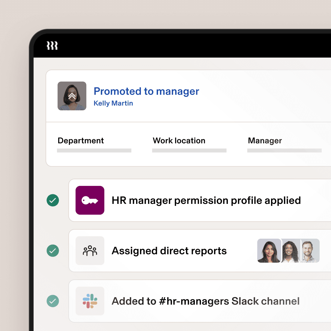 Employee promotion interface showing Kelly Martin promoted to manager with HR permissions, assigned reports, and Slack access.