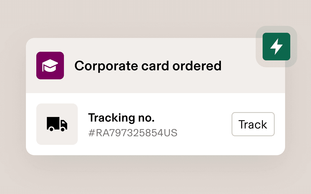 Workflow notification showing "Corporate card ordered" with tracking number and a track button for shipment status.