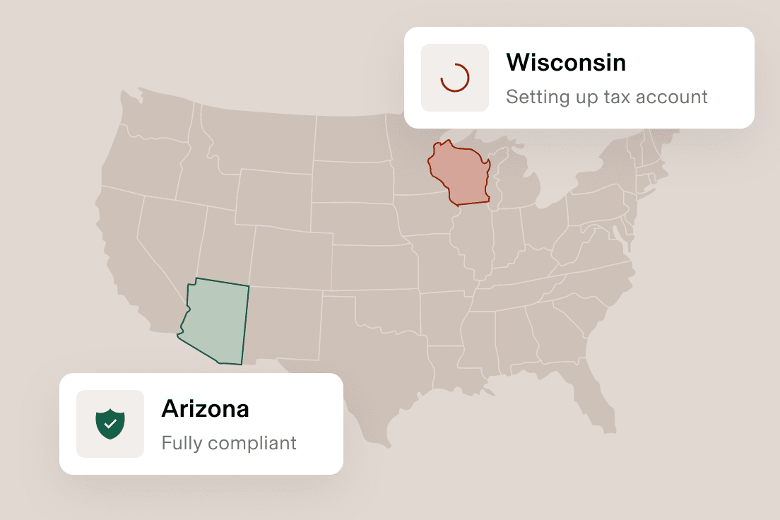 US map highlighting Wisconsin with "Setting up tax account" status and Arizona marked "Fully compliant"
