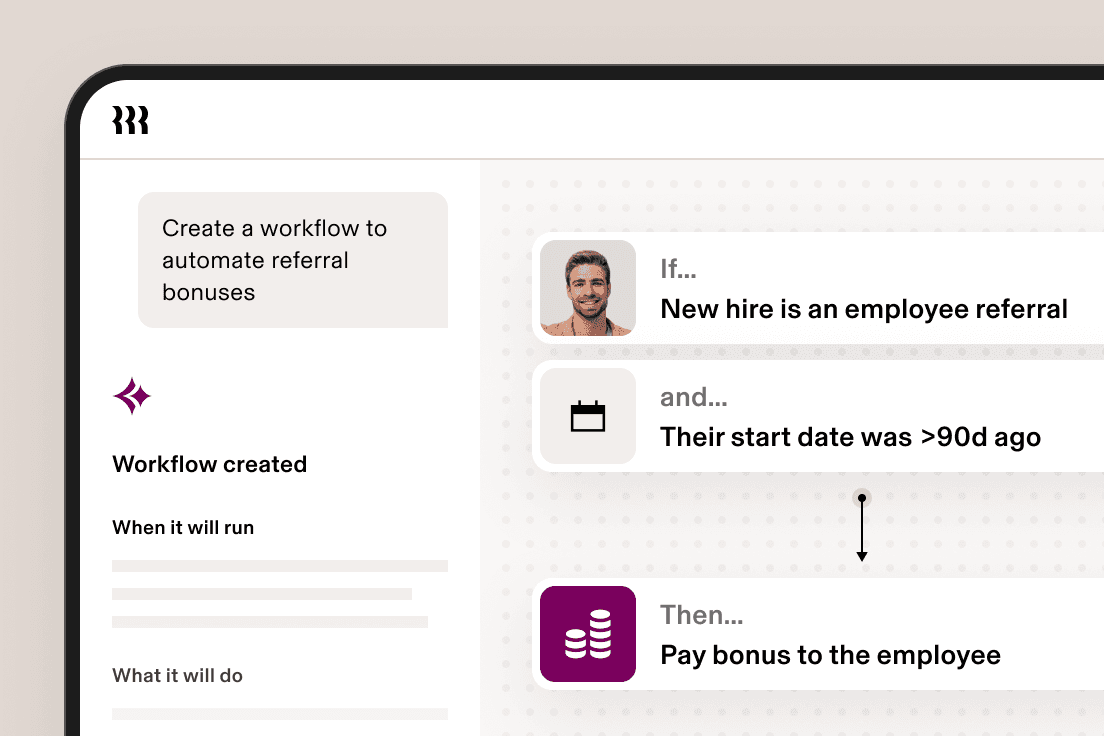 A workflow automation interface showing steps to pay referral bonuses if a new hire is an employee referral after 90 days.