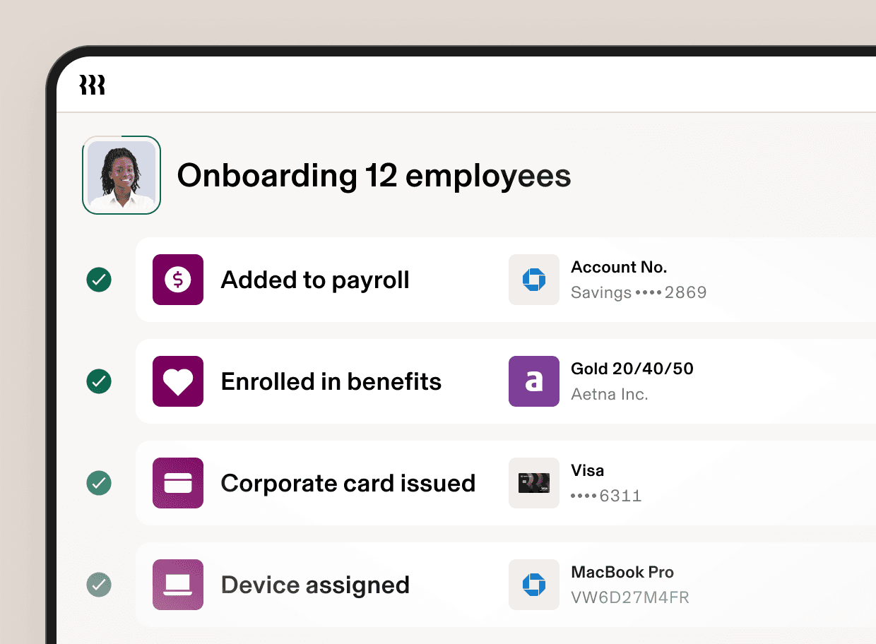 Employee onboarding interface showing completed steps: payroll, benefits enrollment, corporate card issuance, and device assignment.