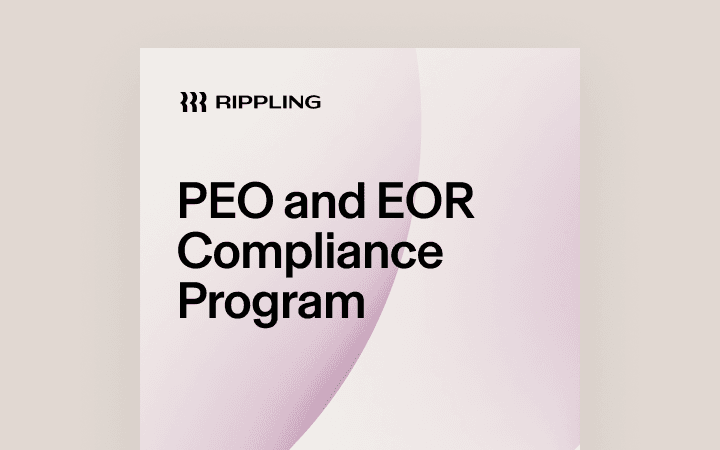 Illustration of a document with a cover page that says "PEO and EOR Compliance Program" with the Rippling logo