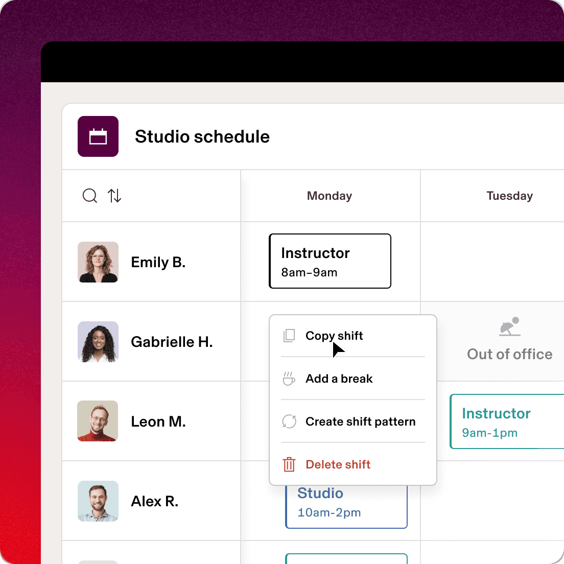 Screenshot of a weekly calendar in Rippling titled "Studio schedule" with a cursor selecting from a menu of options including "Copy shift," "Add a break," "Create shift pattern," and "Delete shift" 
