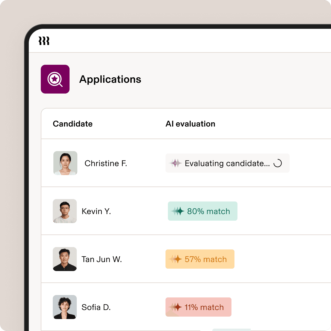 Job application interface showing candidate profiles with AI evaluation scores: one processing, others at 80%, 57%, and 11% match rates.