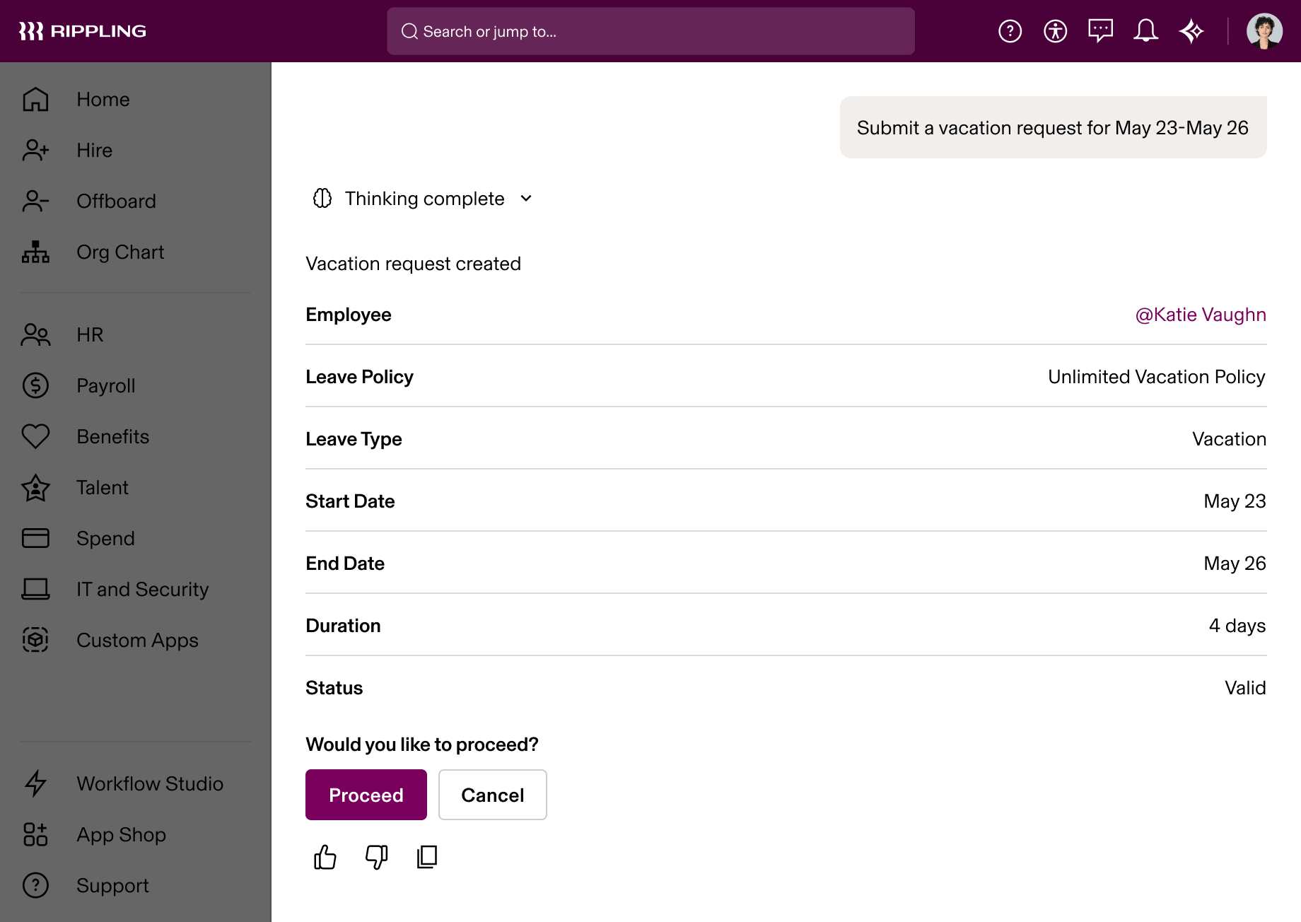 Rippling platform showing an AI-created vacation request for Katie Vaughn, May 23–26, 2026, 4 days, with Proceed and Cancel buttons.