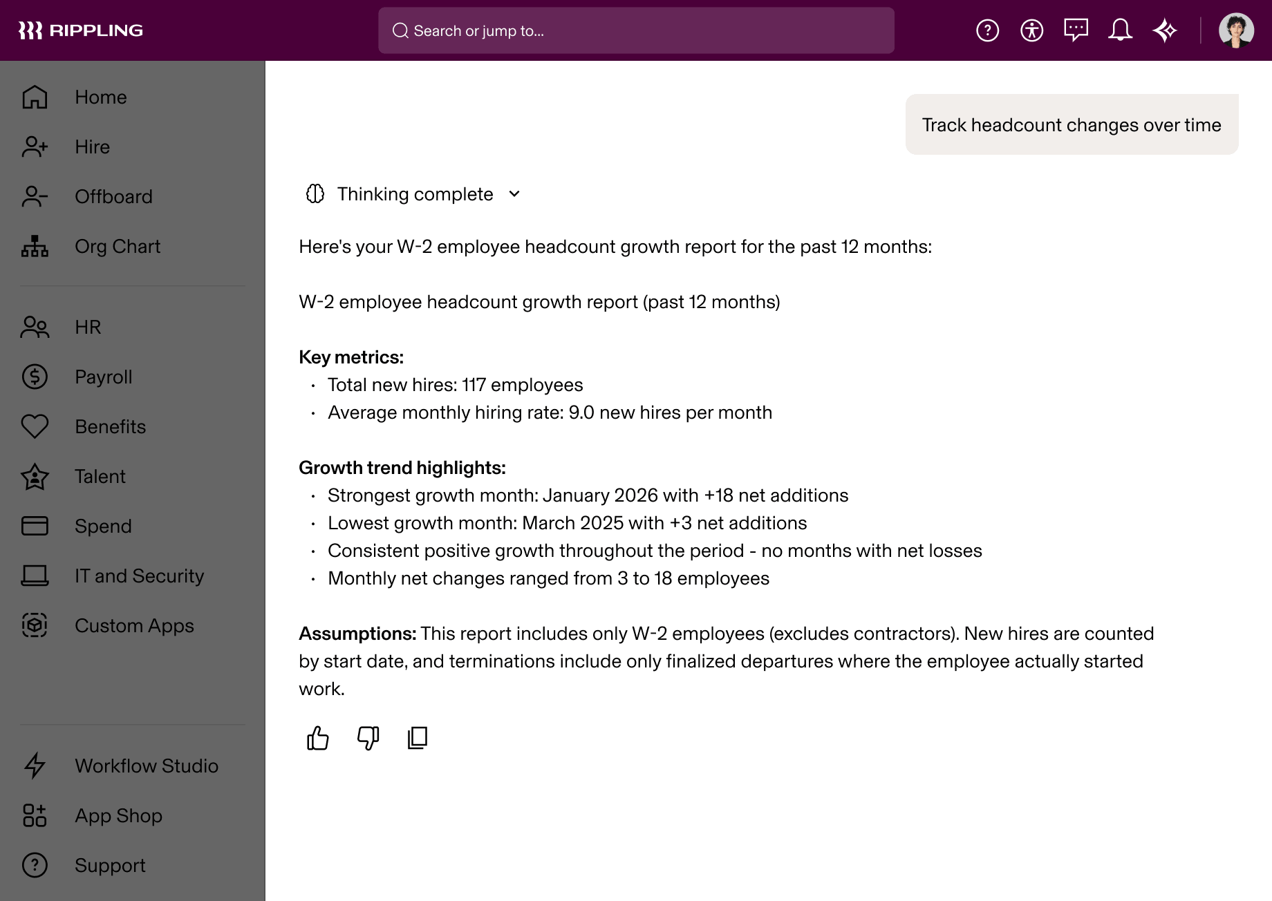 Rippling dashboard showing a W-2 employee headcount growth report with key metrics and growth trend highlights.